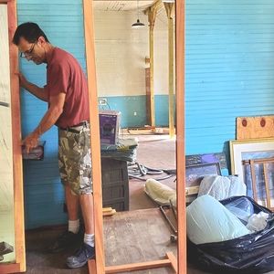 One 5ft& a6ft free stand antique mirror/ hand fra